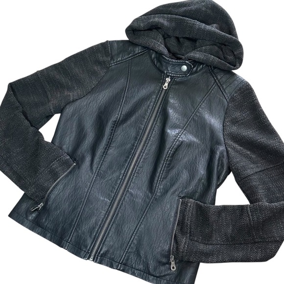 Xhilaration Jackets & Blazers - Moto 80's Jacket Womens M Black Excellent Faux Leather Knit Hooded Biker Zippers
